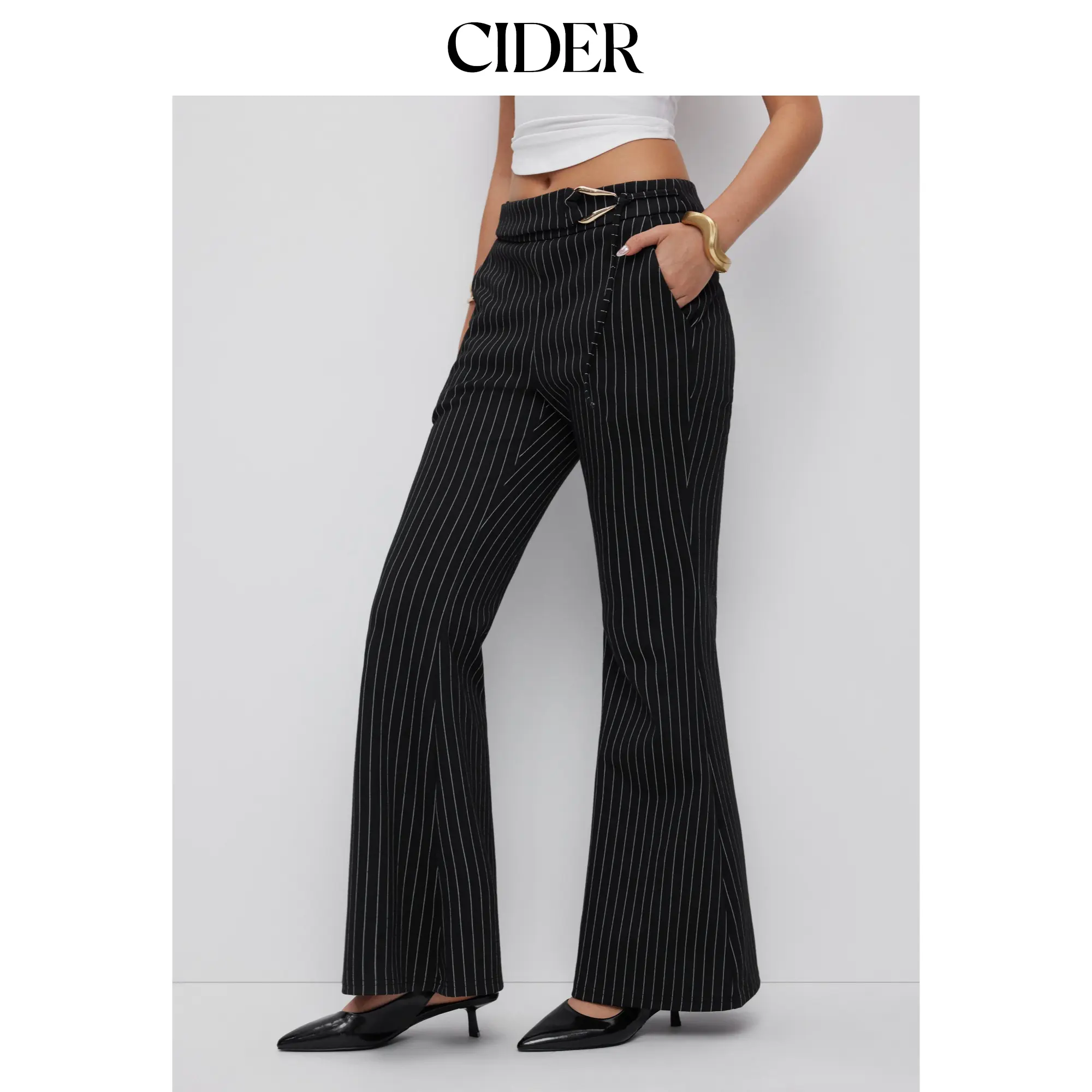 Cider Mid Rise Striped Metal Detail Flared Trousers