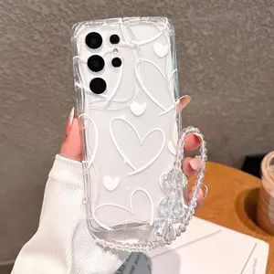Cute Line Heart Transparent Case with Crystal Beaded Chain For Samsung Galaxy S25 S24 S23 Ultra S22 Plus  S21 S23 S24 S25 FE A17 A07 A06 M55 A55 A56 Back Cove