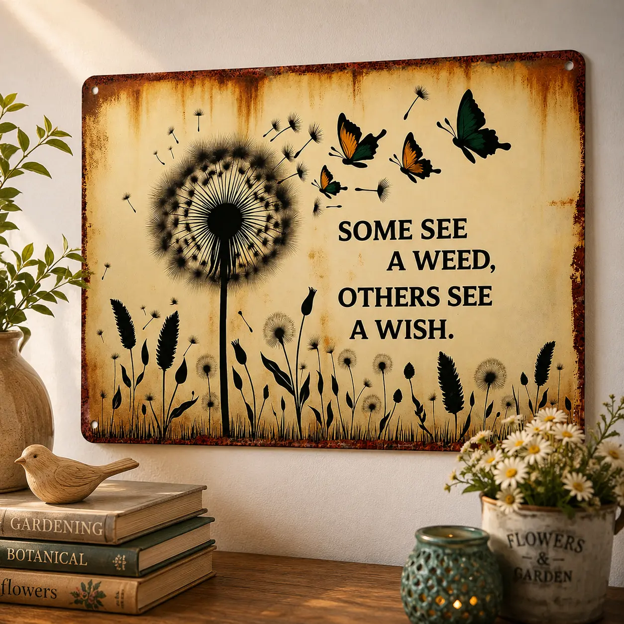 Inspirational Dandelion Metal Tin Sign, Some See a Weed Others See a Wish Wall Decor, Vintage Butterfly Metal Sign, Bedroom Decor, Home Wall Art, Gifts for Her, 12 x 8 Inch