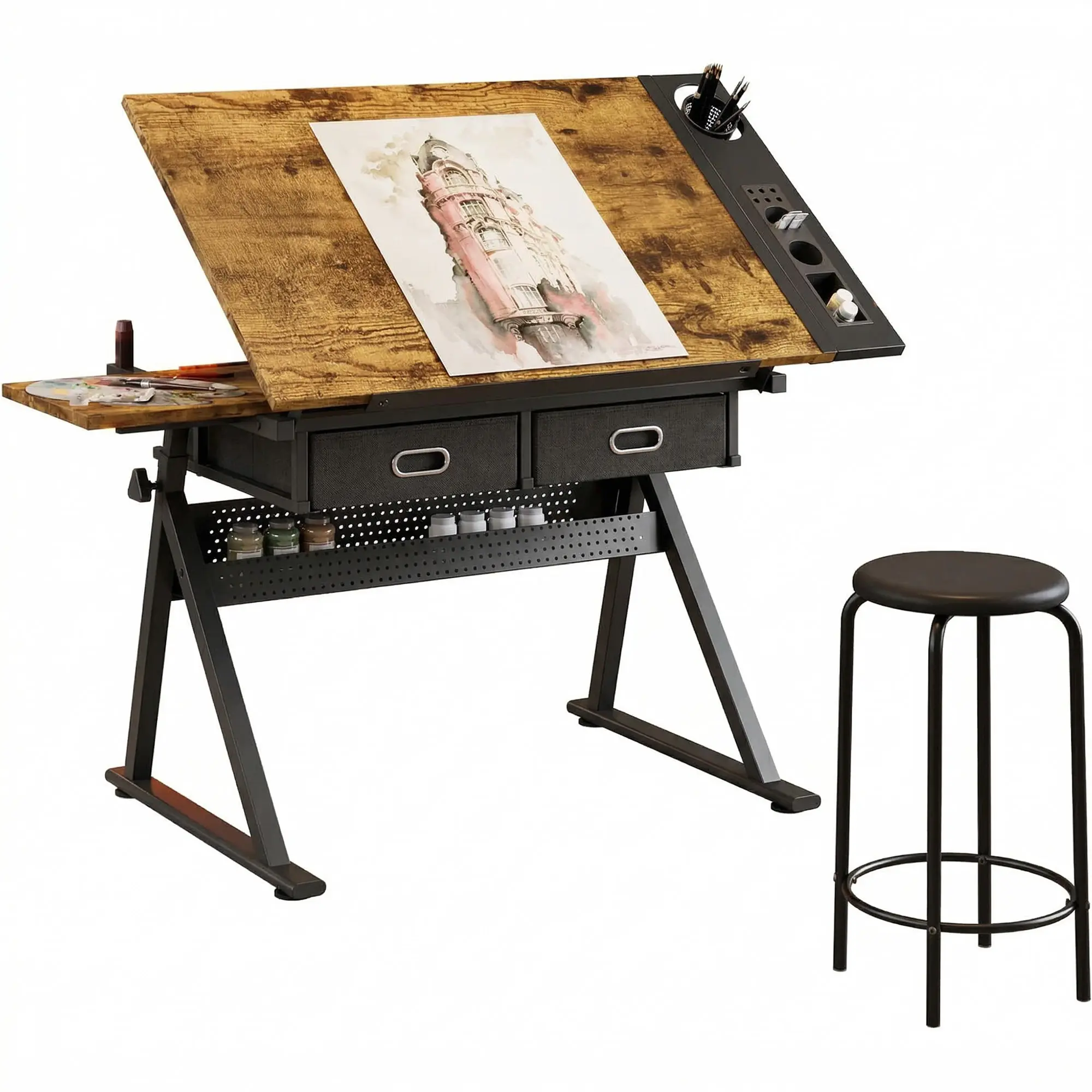 Height Adjustable Artist Drafting Table with 0-75° Tilting Oak Tabletop, 2 Storage Drawers & Matching Stool, Multipurpose Art Desk for Painting, Drawing, Writing & Crafting, Ideal for Home Office & Art Studio