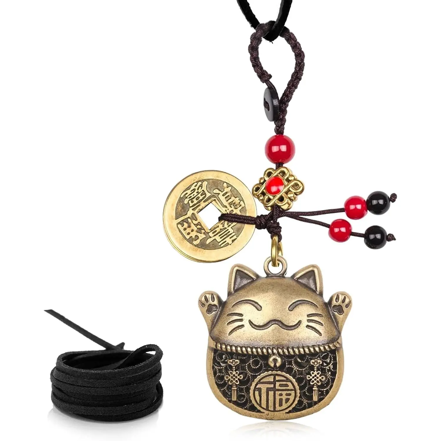Lucky  Rearview Mirror Pendant with Five Emperors Feng Shui , Brass Maneki Neko Charm for  Luck and Wealth, Tassel  Decoration,  Interior Accessories
