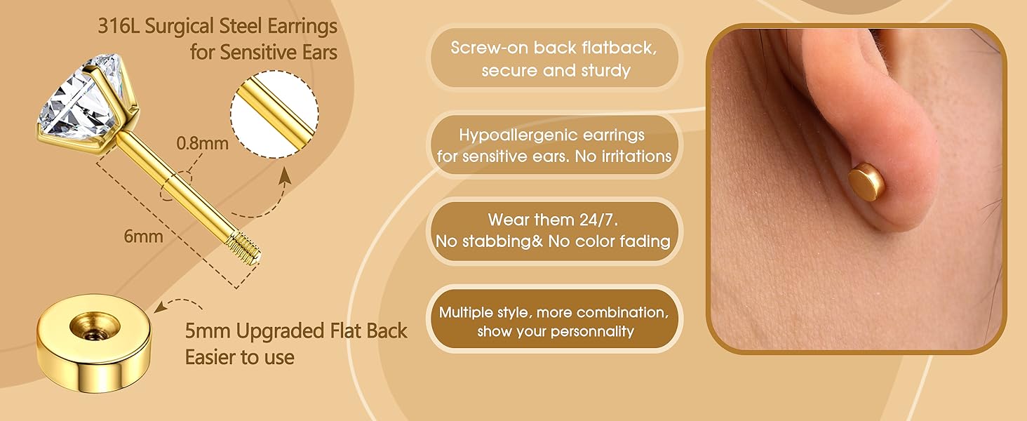 Trendy 14K Gold Plated Flat Back Stud Earrings for Women | Hypoallergenic Surgical Stainless Steel Earrings | Screw Back Earrings Sets for Multiple Piercing | Small Cartilage Earring Studs