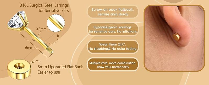 Trendy 14K Gold Plated Flat Back Stud Earrings for Women | Hypoallergenic Surgical Stainless Steel Earrings | Screw Back Earrings Sets for Multiple Piercing | Small Cartilage Earring Studs
