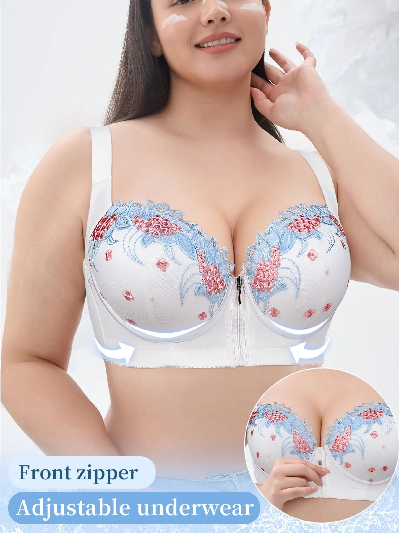 Women's Plus Size Floral Embroidered Bra, Front Buckle Zipper Design Minimizer Bras, Underwire Push Up Support No Sag, Adjustable Wide Straps, Breathable Lining, Daily Comfort, Elegant