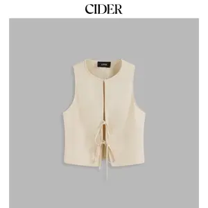 Cider [size 2-10] Linen-blend Round Neckline Solid Knotted Cut Out Top Dealsforyou