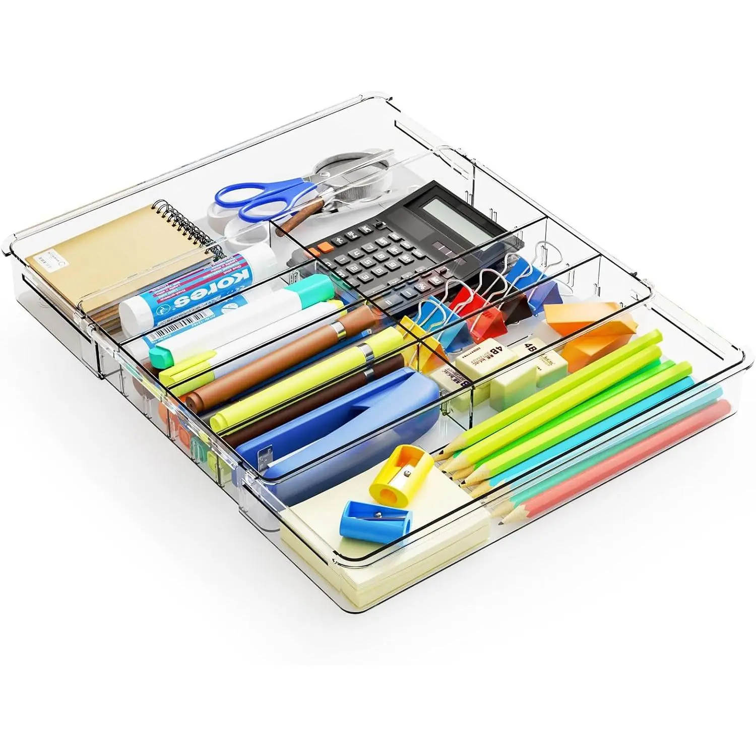 Expandable Desk Drawer Organizer Tray,1.8 Inch High Junk Drawer Organizer for Kitchen,Clear Shallow Office Drawer Organizers With 10 Compartments for Pencil,Pen,Office Supplies and Accessories