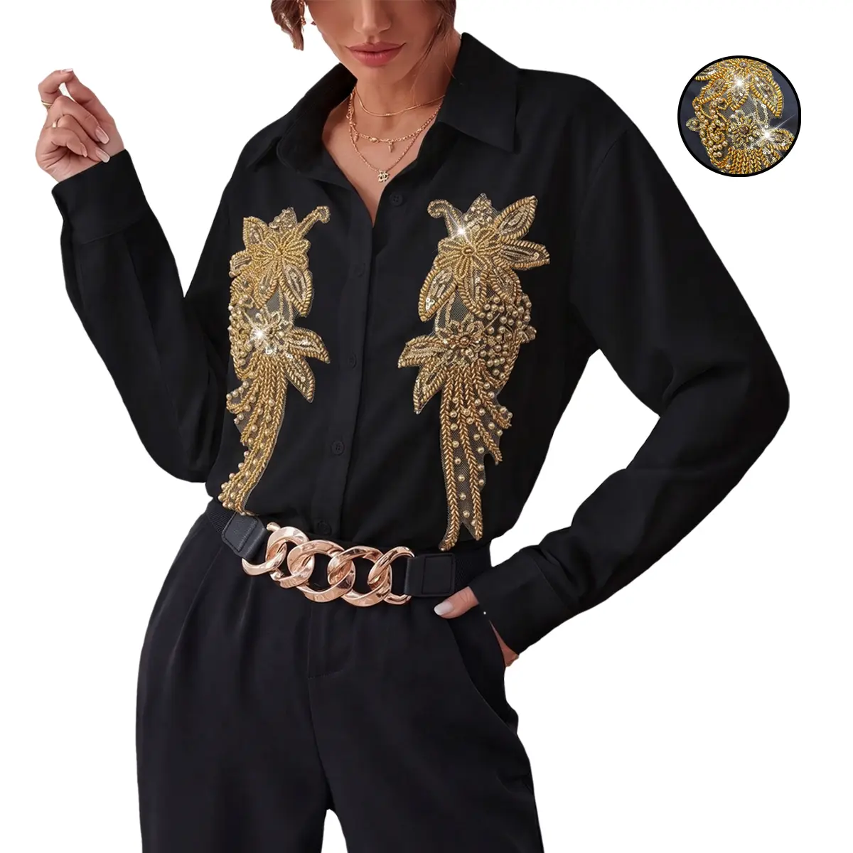 Women's Black Long Sleeve Collared Button Down Shirt Gold Beaded Sequin Floral Applique Blouse Luxury Glam Dressy Top Office Party Club Night Out Business Casual Streetwear Elegant Layering Shirt For Dating Evening Event Daily Stylish Outfit