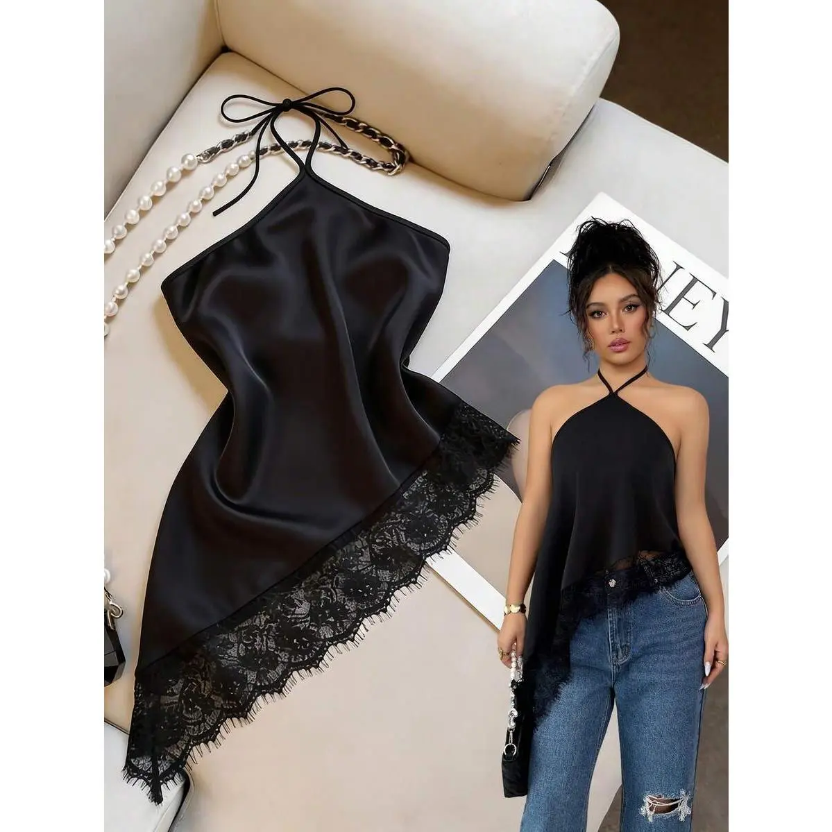 Women's Summer Elegant Black Haltered Tie Backless Lace Trim Camisole Top - Sleeveless Bodycon Cut Blouse for Party Night, Cocktail Outfit, Backless Top