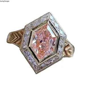 Art Deco Statement Ring for Women, Gold Plated Hexagonal Pink Cubic Zirconia with a Double Halo Milgrain Border, Vintage Jewelry for Romantic Gifting, Female