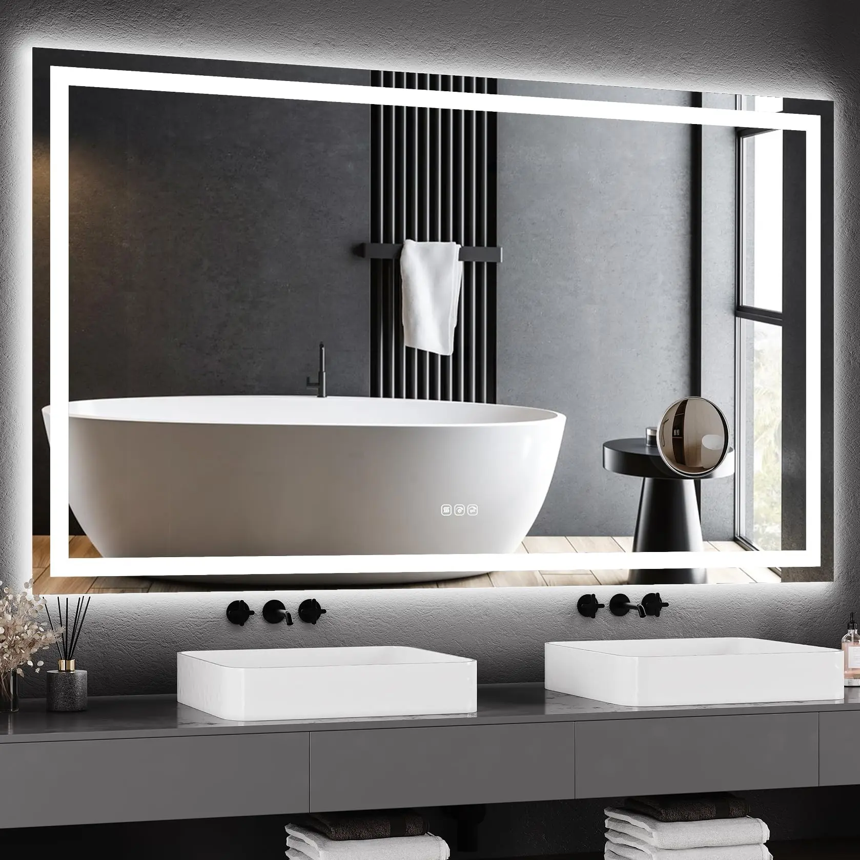 60 x 36-inch LED Bathroom Mirror with Lights, Dimmable, Anti-Fog, Backlit + Front Light, Smart Wall-Mounted Vanity Mirror, Memory Function, Shatterproof
