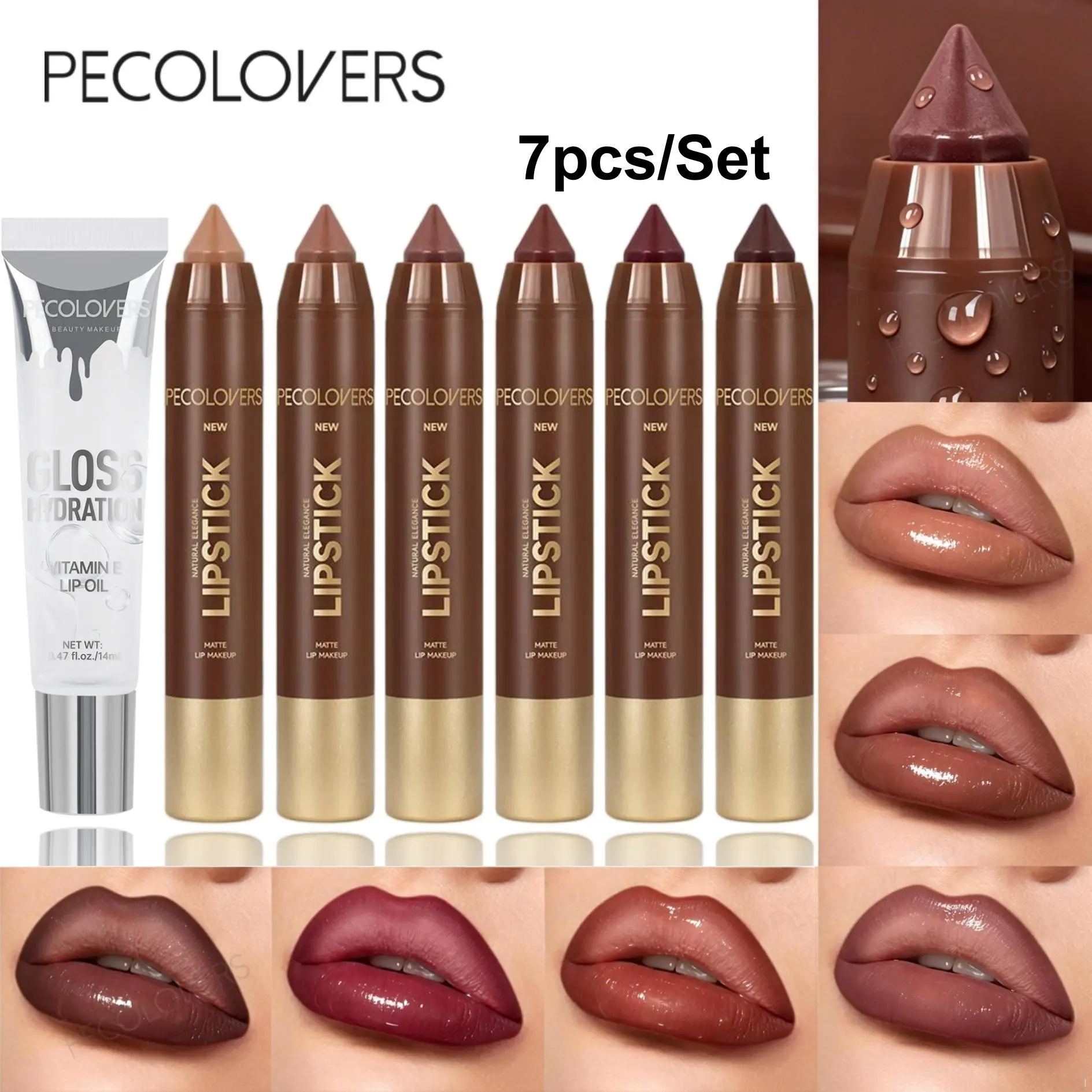 7pcs/Set Long-Lasting Lip Crayon&LipGross，Long-Lasting,2 in 1 Matte Lipline ,Hydrating Pearl Shine Lip Gloss,Mirror Finish,Perfect for Defining Lip Shape Lip Kit Sets