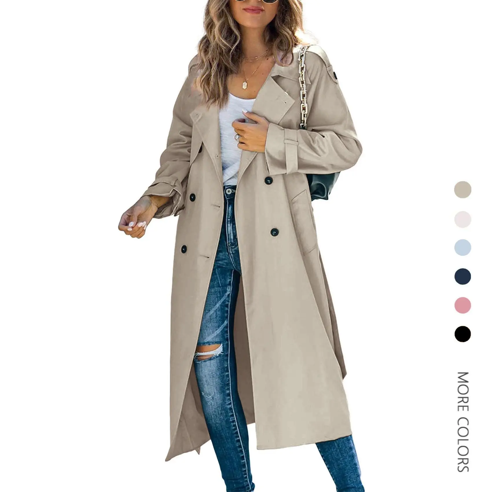 Women's Classic Double-Breasted Trench Coat, Slim-Fit Cotton Blend Windproof Long Overcoat with Belt for Business and Casual Wear, Chic, High-Grade Craft