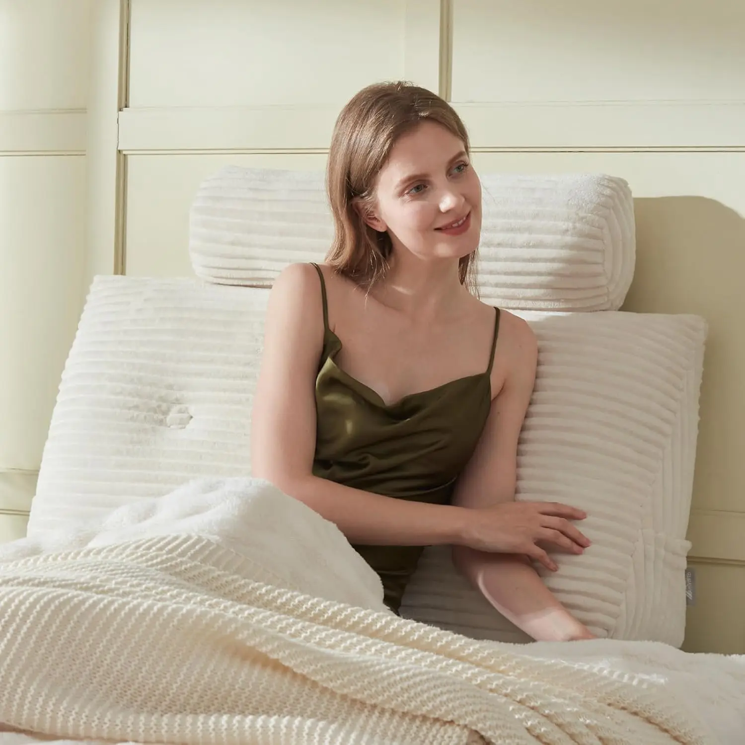 Headboard Wedge Pillow + A Long  Roll Pillow  Pillow,Large Headboard Pillow with Removable Cover (Beige, :39x8x20 inches)