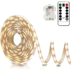 Battery Powered LED Strip Lights with Remote, 9.8FT 90LED Warm White, 8 Modes, Dimmable, Timer, Self-Adhesive, Cuttable, Waterproof for TV Kitchen Cupboard Bedroom Decor