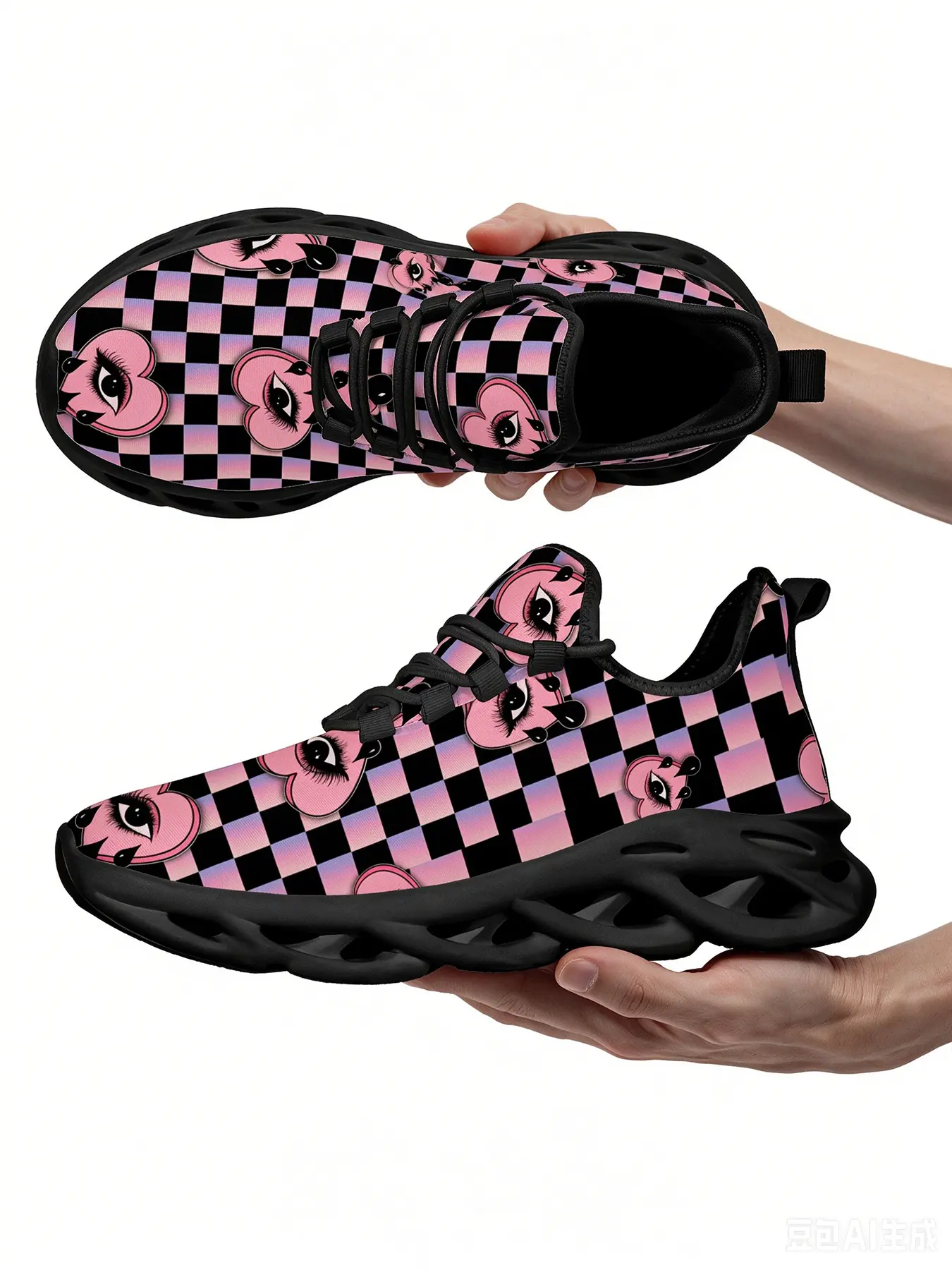 Pink Checkered Heart Eye Print Blade Sneakers Women Lightweight Mesh Wave Sole Running Shoes Y2K Gothic Casual Street Walking Footwear Versatile For Daily Outings