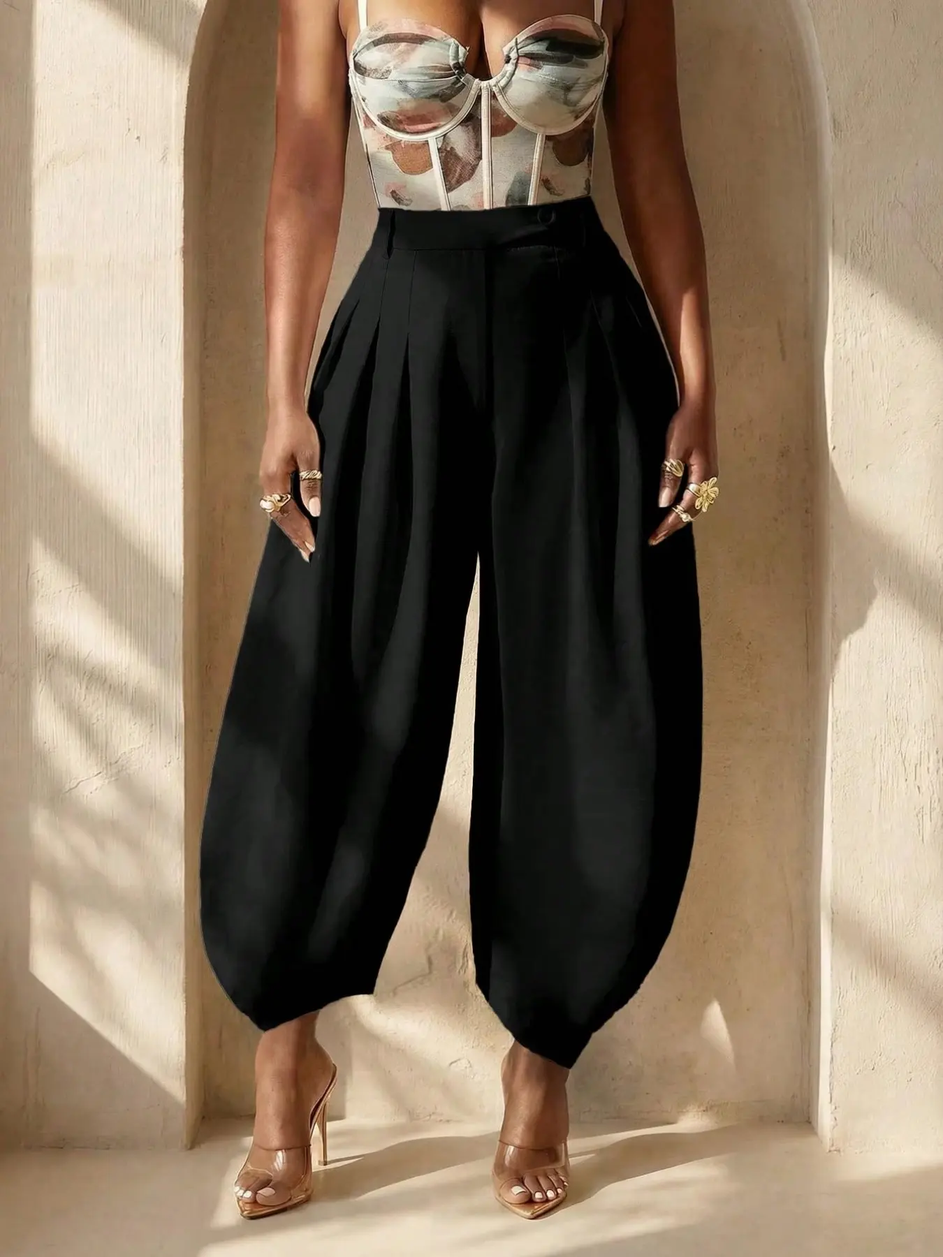 Summer Elegant Loose Pleated Pants, Versatile Tropical Vacation Holiday Beach Brunch Casual Style, Fashionable Apricot Street Party Wear