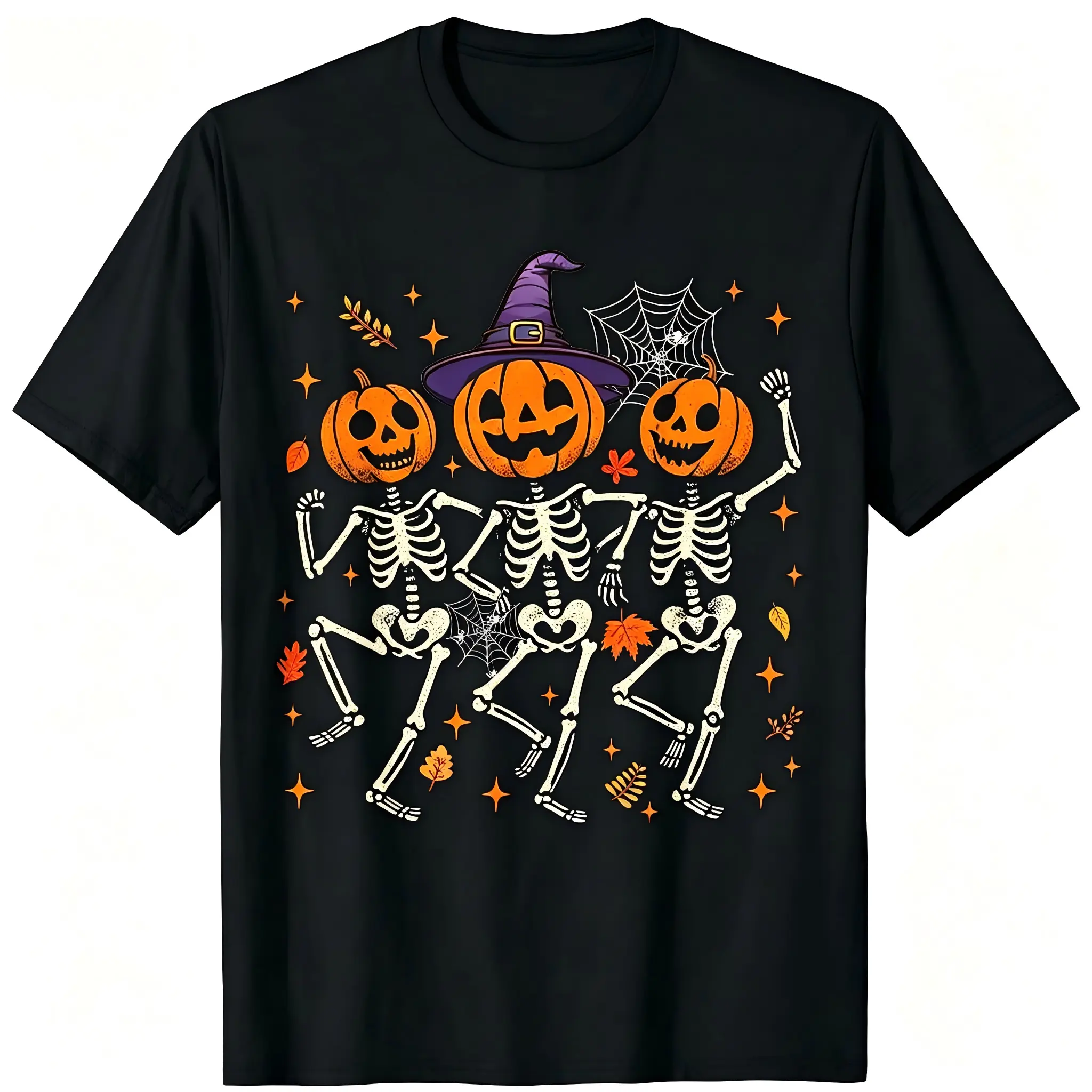 Dancing Skeleton Pumpkin Witch Hat Spider Web Unisex T-Shirt for Men & Women - Fall Leaves Sparkles Halloween Design, Soft Cotton Crew Neck Short Sleeve, Comfortable All-Season Tee, Perfect for Everyday Casual & Autumn Style, Machine Washable