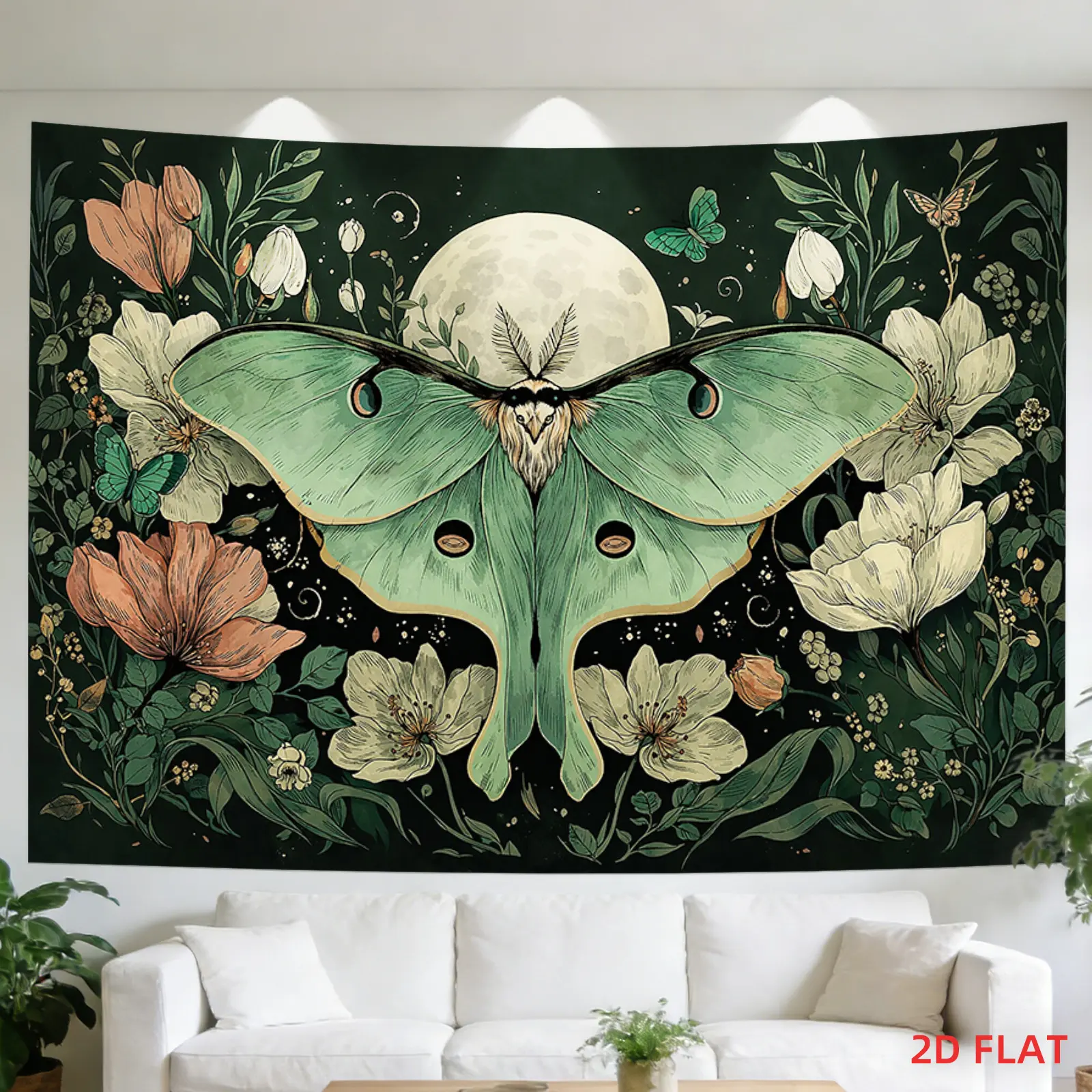 Boho Moth Moon Tapestry Wall Hanging - Smooth, Lightweight Cloth, Aesthetic Flat Print Decor with Butterfly Floral Full Moon Pattern, Non-Glare Matte Fabric for Bedroom, Meditation Space Hippie Wall Art