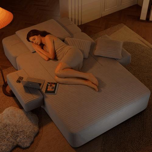 Luxurious Plush Corduroy Chaise Lounge with 3 Pillows, Convertible Sofa Bed with Storage Pocket, Frameless Design & Compression Foam for Small Spaces, Living Room, Apartment,Light Grey