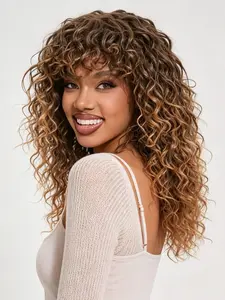Women Realistic Shaggy Curly Wig 20 Inch Dark Root Blonde Burgundy Reddish Brown Highlight Full Machine Made Breathable Synthetic Wig