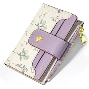 Women's Wallet, Compact and Small Bifold PU Leather Card Holder, Mini Purse with  Pocket for Ladies, Girls (Floral Lavender)
