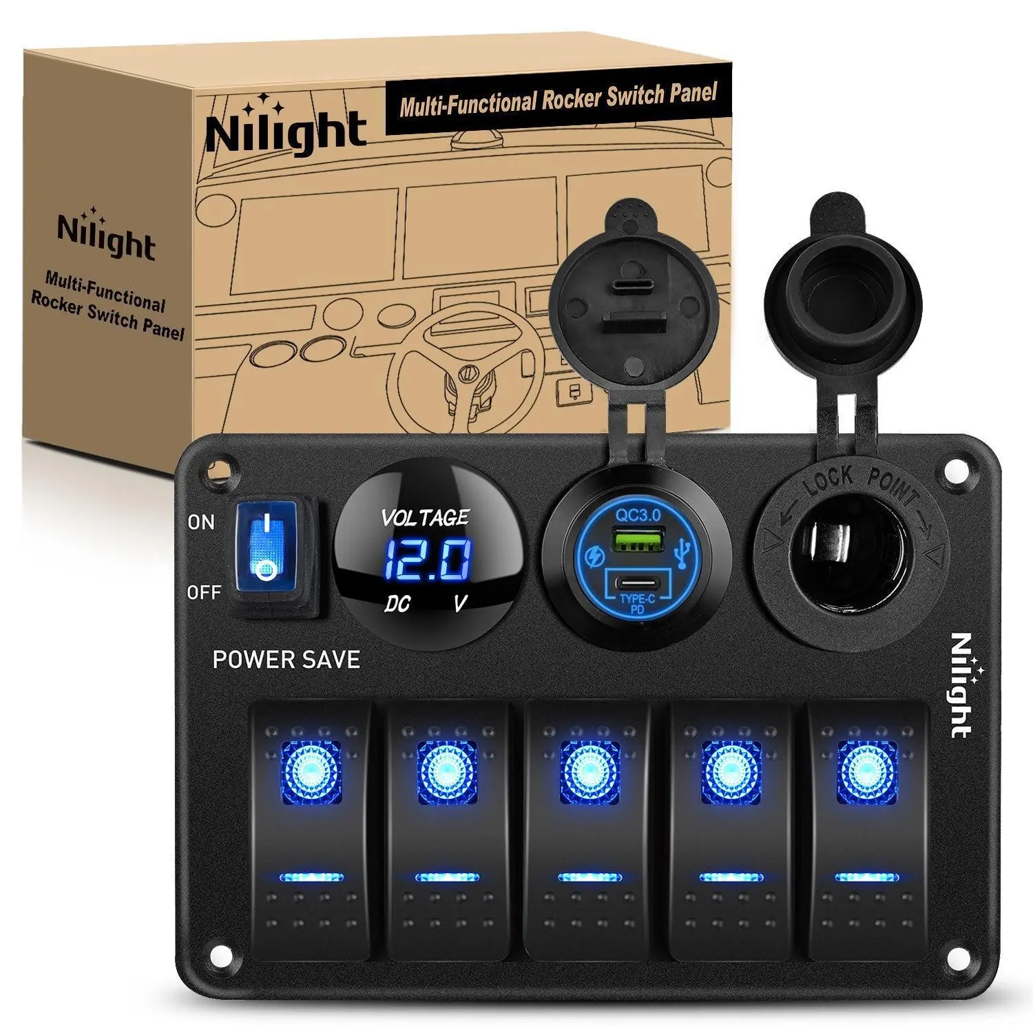 Nilight 5-Gang IP65 Rated Rocker Switch Panel, 12V-24V Pre-Wired Aluminum Vehicle Controller with Power Save, Night Glow, PD Type-C, USB, Cigarette Lighter Socket, Voltmeter, 10A/20A ABS&PC, 2 Sets of DIY Labels, 4 Screws for Trucks/RVs, Trailers