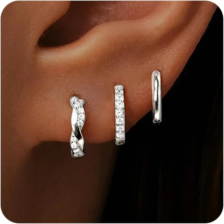Gold Huggie Hoop Earrings Set for Women, Dainty Small Sterling Silver Earring Stacks Hypoallergenic Jewelry for Multiple Piercings, Trendy Twisted Cute Cartilage Hoops Birthstone Gift 3 Pairs