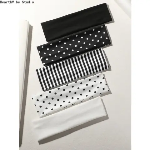 Women's 5pcs Sports Headbands - Elastic, Non-Slip, Sweat-Wicking, Breathable Soft Fabric Hair Accessories for Women, Workout Wear, Yoga Running, One Size, with Polka Dot, Striped, Solid Color Designs