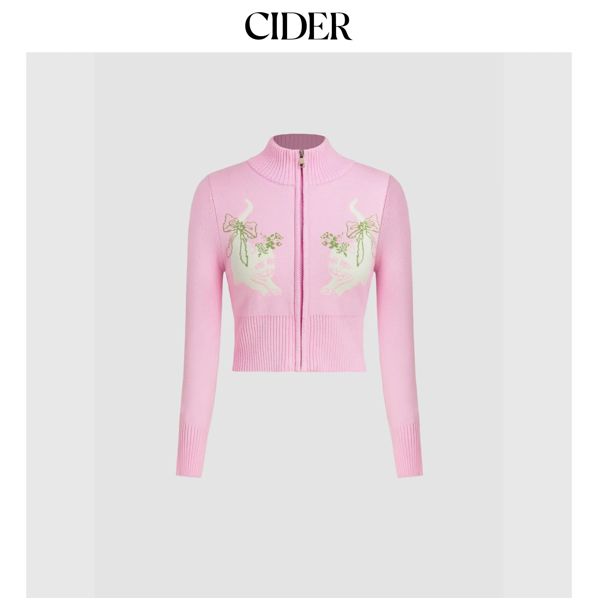 Cider [size 2-10] High Neck Cat & Bowknot Print  Zipper Knitted Crop Top