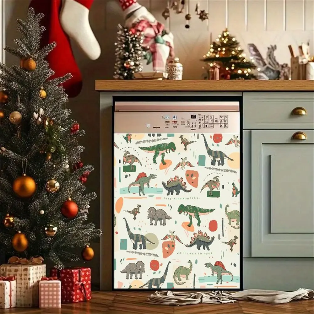 2D Flat 2Pcs Cartoon Dinosaur Pattern Dishwasher Cover Retro Style T-Rex Stegosaurus Design Removable Appliance Sticker Creative Kitchen Decor Self-Adhesive Vinyl Film for Refrigerator Washing Machine Holiday Home Decoration