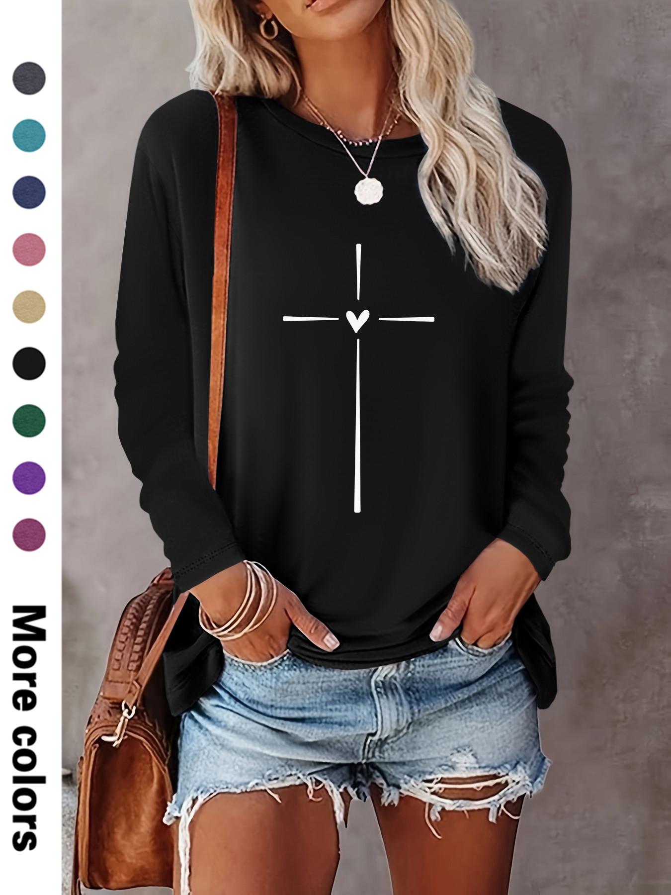 Women's Heart & Cross Print Round Neck Tee, Casual Long Sleeve Fitted Crew Neck T-shirt for Spring & Fall, Fashion Women's Top for Daily Wear Womenswear