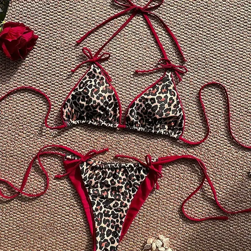 Women's Leopard Print Bikini Set, 2-Piece Halter Triangle Top and Tie-Side Cheeky Bottoms with Red Trim Beachwear Swimsuit, Bikini Set Swimsuit