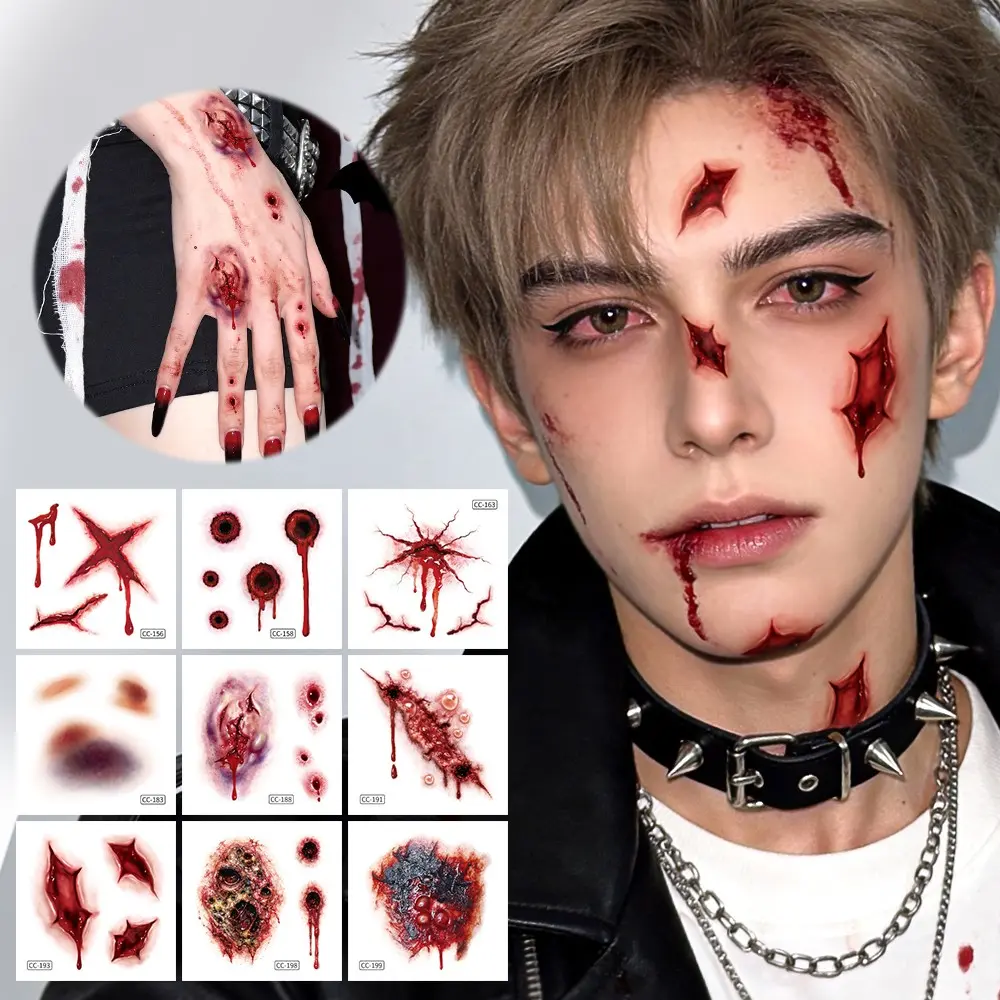 Halloween Fake Scar Temporary Tattoo Stickers, Realistic Bloodstain Spider Bite Tattoos, Waterproof, Perfect for Costume Parties