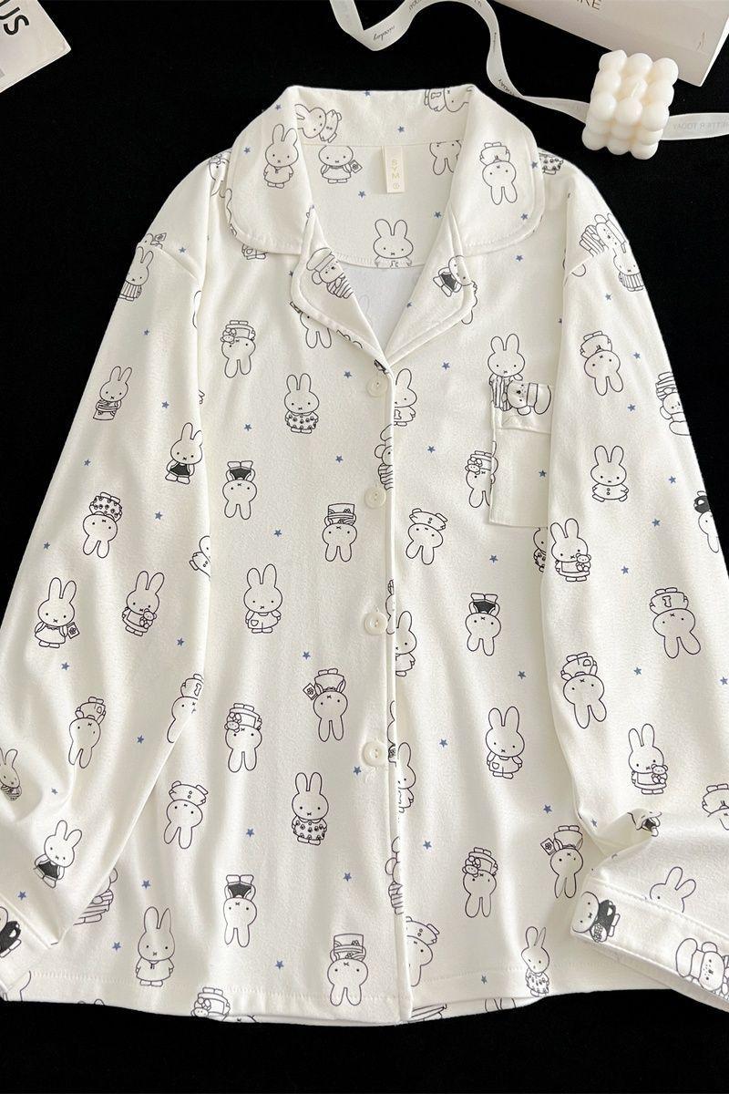 Kawaii Miffy Bunny Thermal Brushed Flannel Sleepwear Set Cozy Open-Front for Women Cute Cartoon Autumn Winter Pajamas K-trend