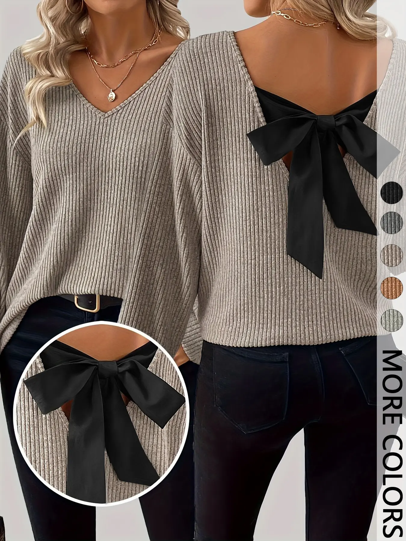 Women's Fashion V-Neck Long Sleeve Graphic T-Shirt with Bow Decoration on the Back