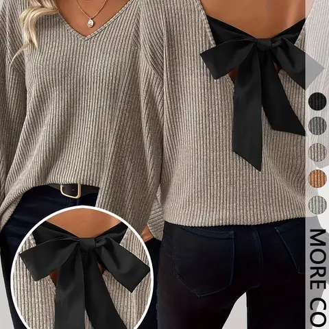 Women's Fashion V-Neck Long Sleeve Graphic T-Shirt with Bow Decoration on the Back