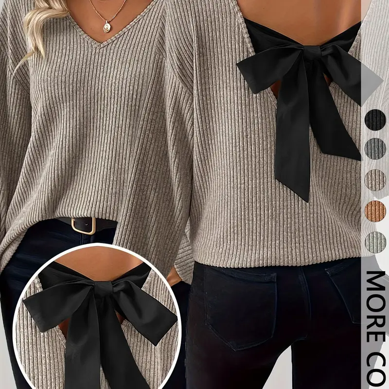 Women's Fashion V-Neck Long Sleeve Graphic T-Shirt with Bow Decoration on the Back