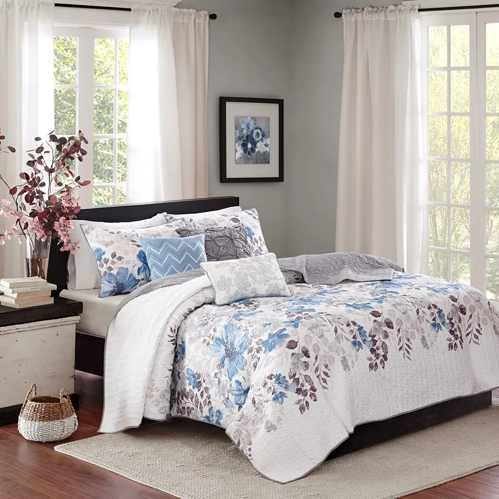 ARCH 6 Piece Printed Quilt Set with Throw Pillows Blue Full/Queen Size Bedding Set Soft Microfiber Reversible Coverlet Lightweight Quilted Bedspread for Bedroom Guest Room Dorm All Season Home Decor, Home Furniture and Household Product Search