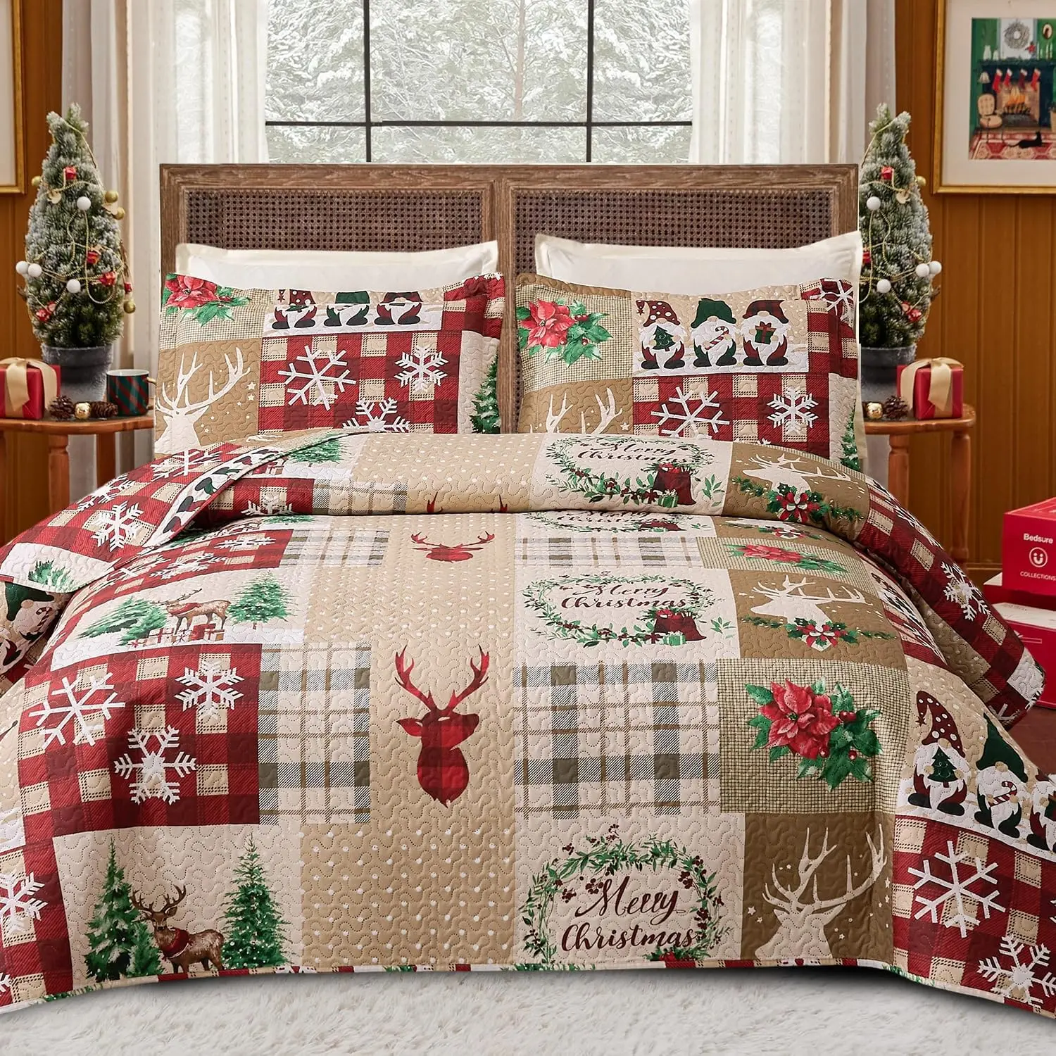 3 Piece Christmas Set Queen - Red for Queen Size Bed, Multicolor Patchwork Printed Pattern Christmas Bedding Set with Snowman Elf- Soft Microfiber Lightweight Coverlet Bedspread