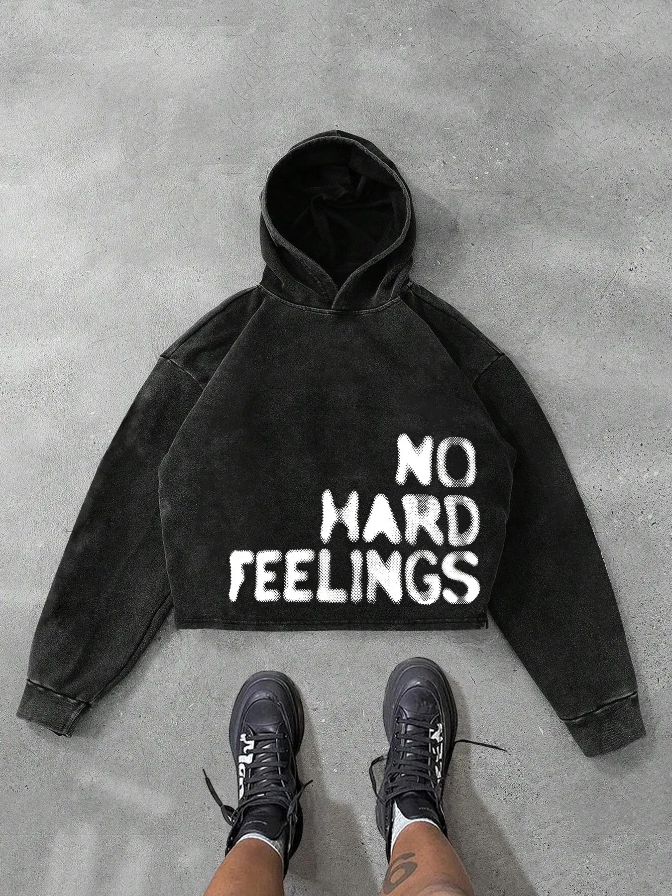 Men's Vintage Washed Black No Hard Feelings Letter Print Hoodie, Hooded Pullover, Cropped Long Sleeve Pullover Sweatshirt, Casual Streetwear for Fall Winter