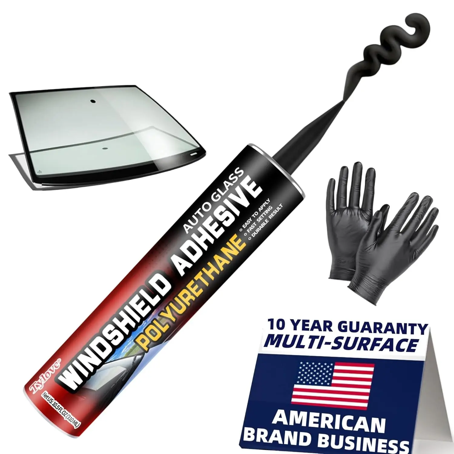 Urethane Windshield Adhesive Sealant Quick Curing Weather Resistant Professional Strength Auto Glass Glue for Vertical Overhead Application Repair Kit with Gloves 10.5Oz Black