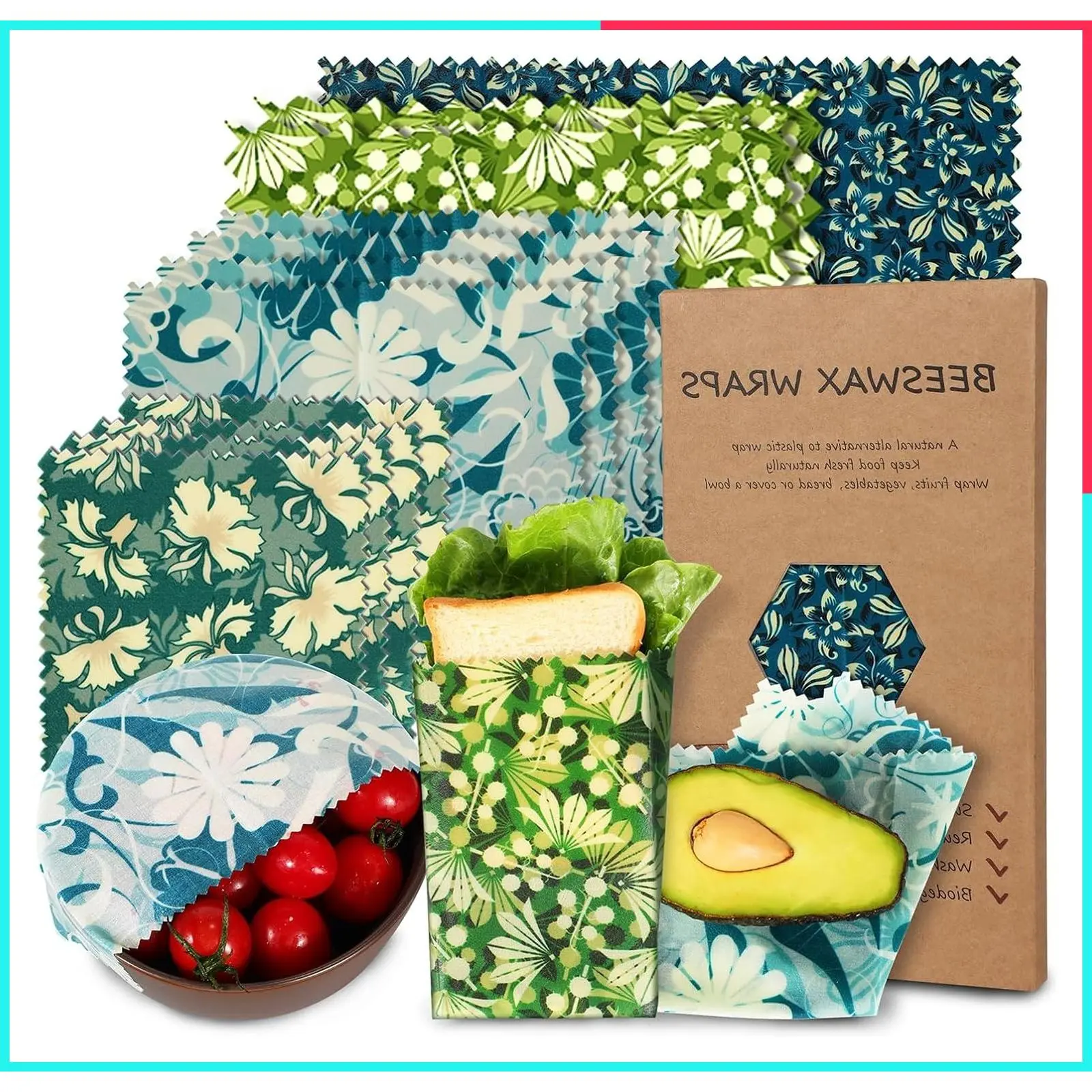 Reusable Beeswax Food Wraps, 11 Pack Eco-Friendly Organic Sustainable Biodegradable Zero Waste Plastic-Free Storage, Flowers and Leaves
