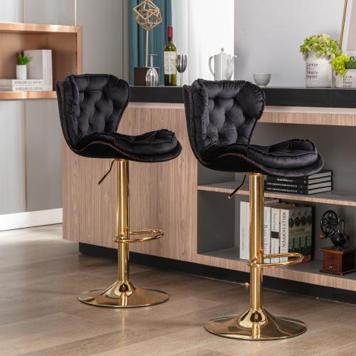 Set of 2  Bar Stools,with Chrome Footrest and Base Swivel Height Adjustable Mechanical Lifting Velvet + Golden Leg Simple Bar Stool-blue
