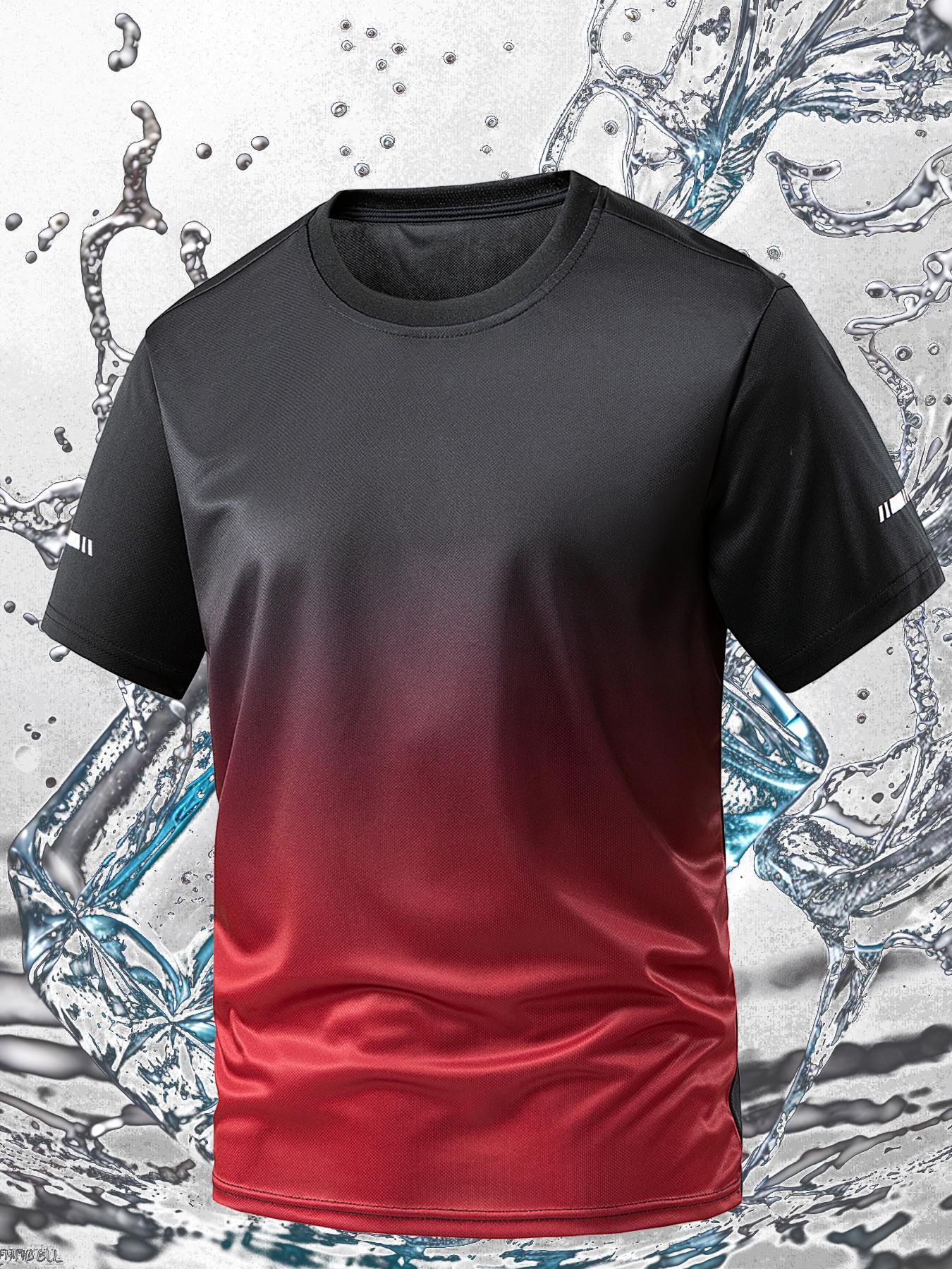 Men's Ombre Print Round Neck Tee, Regular Fit Sporty Quick Drying Breathable Short Sleeve T-shirt, Activewear T Shirt, Gym Tees for Gym Workout Running, Men's Top for All Seasons