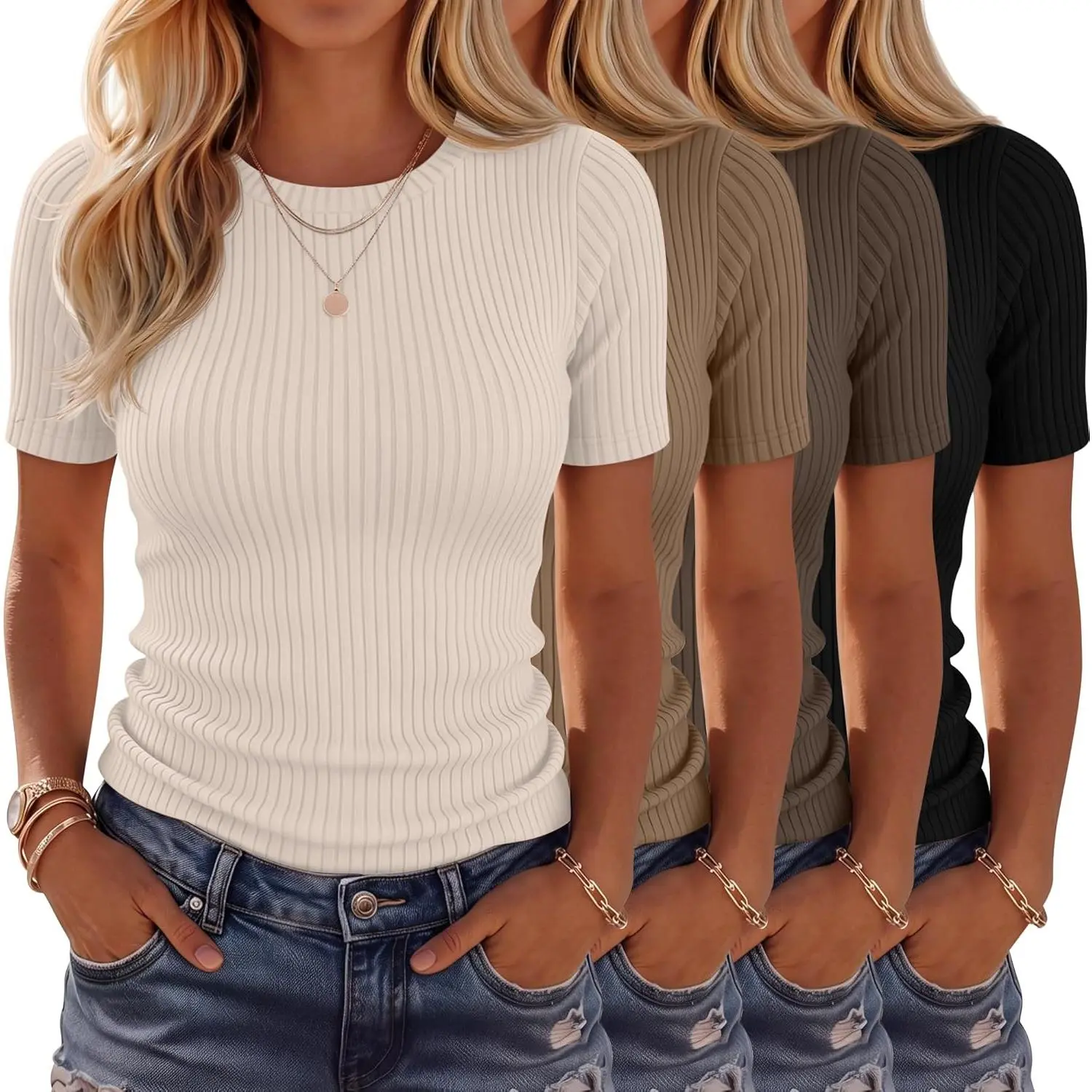 4 Pack Women’s Ribbed Cotton Short Sleeve Fitted Basic Tops Crew Neck Casual Shirts Summer Trendy Tees