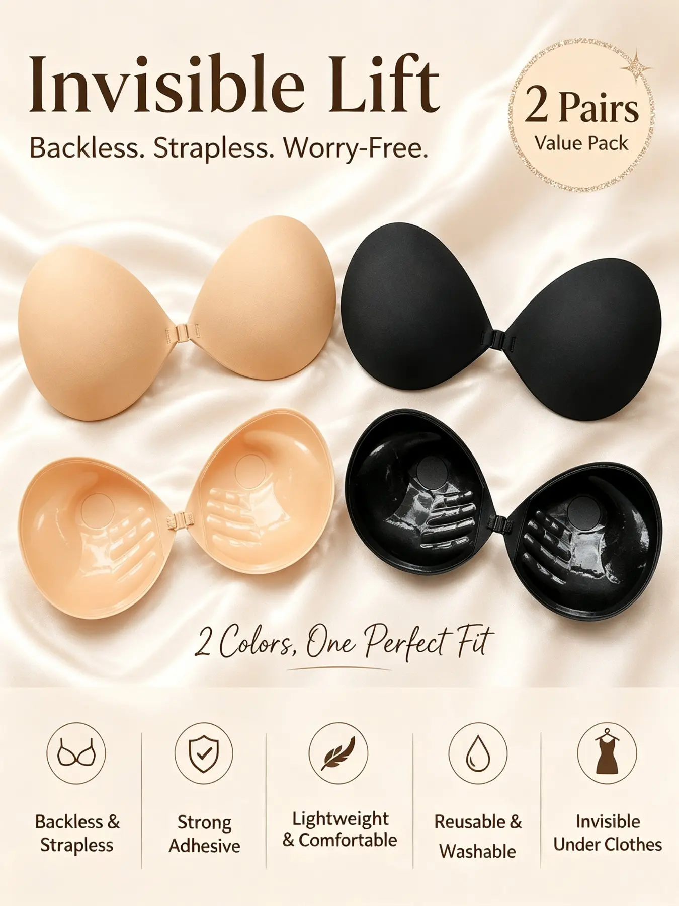 Women's Invisible Bra Pad, Self-Adhesive Silicone Breast Pads, Breathable Fabric, Reusable, Perfect for Weddings, Parties, Daily Wear