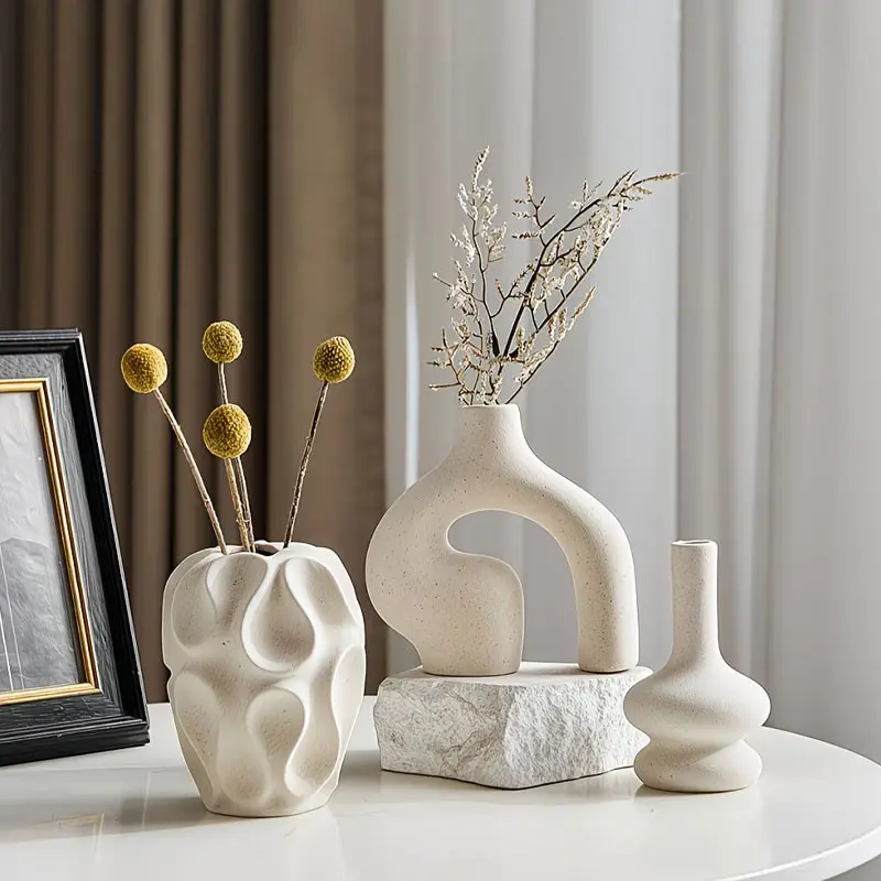 Three-piece Bohemian ceramic vase set - Modern Nordic minimalist style, Boho Vase, round and doughnut shapes, geometric patterns, suitable for fashionable home decoration, living room, entrance, coffee table, decorative gifts