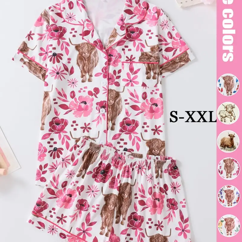 Women's Floral & Cow Print Top & Shorts Pajama Two-piece Set, Casual Comfy Short Sleeve Top & Shorts Pajama Set, Ladies Sleepwear for Summer, Shorts Pj Set, Animal, Womenswear