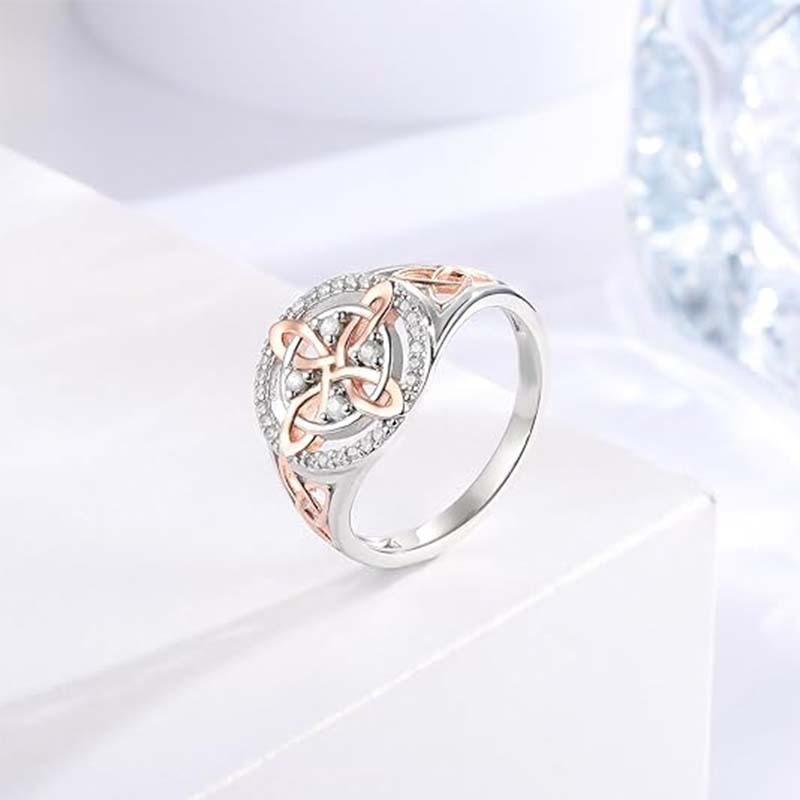 925 Sterling Silver Rose Gold Plated Celtic Knot Ring - Witch Knot Jewelry, Cubic Zirconia Decorated S925 Witches Knot Ring, Witchtok Pagan Jewelry