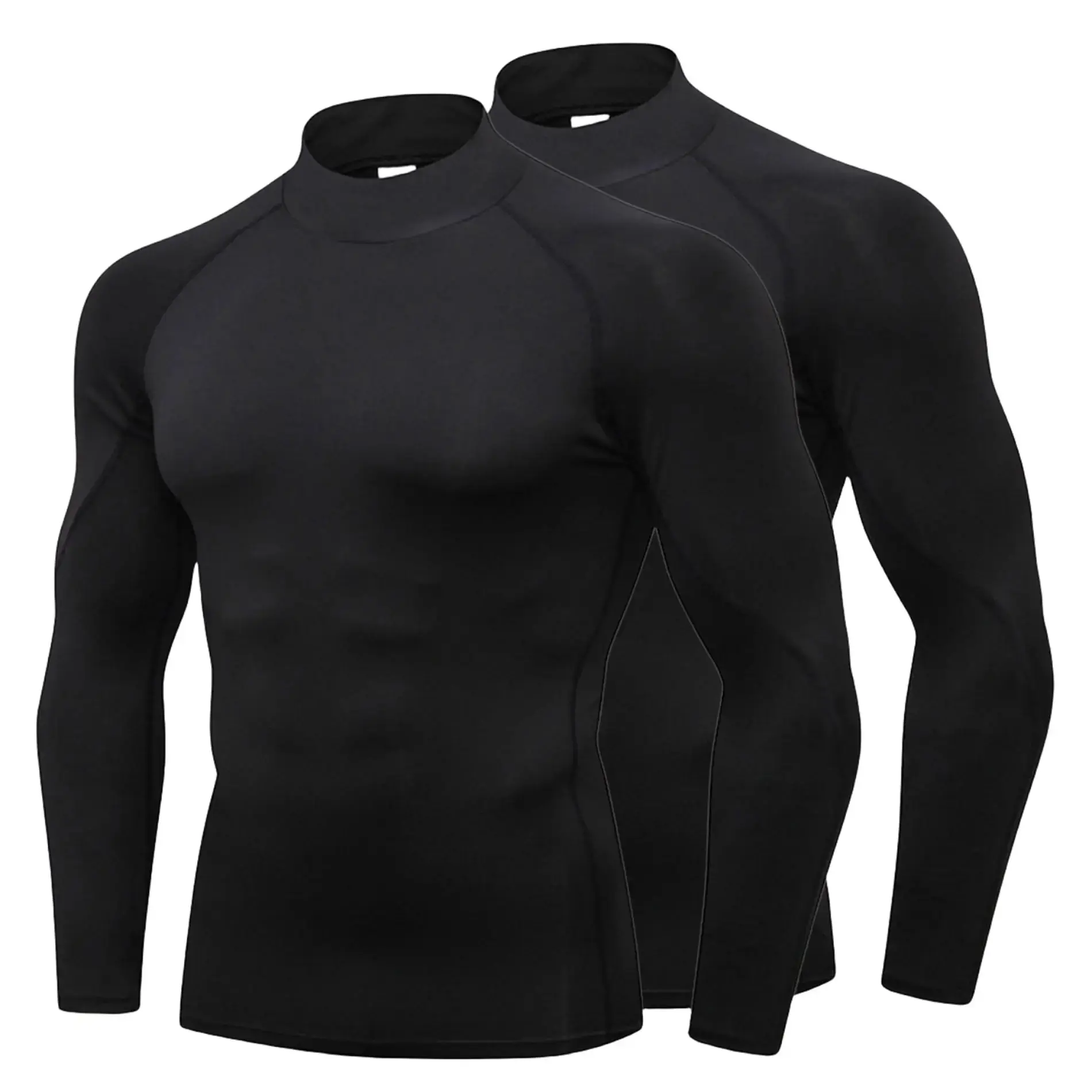 Men's 2-Pack Long Sleeve Mock Turtleneck Compression Shirts, Activewear Athletic & Athletic Style Activewear, Elastic Breathable Sportswear, Fitness Training Wear, Sun Protection Cooling Gym Undershirts